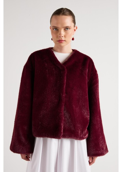 Kadın Bordo Seyyar Yakalı Tasarım Kürk Kaban 30082