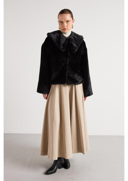 Kadın Siyah Seyyar Yakalı Tasarım Kürk Kaban 30082