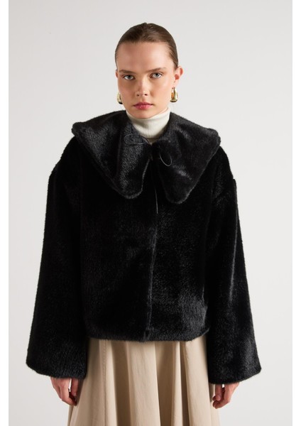 Kadın Siyah Seyyar Yakalı Tasarım Kürk Kaban 30082 modelleri