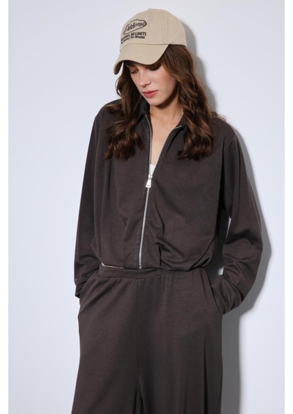 Kahve Volümlü Ceket ve Paça Lastikli Eşofman Takım