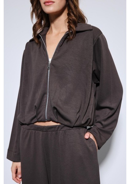 Kahve Volümlü Ceket ve Paça Lastikli Eşofman Takım