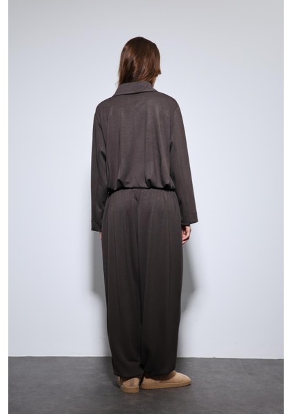 Kahve Volümlü Ceket ve Paça Lastikli Eşofman Takım