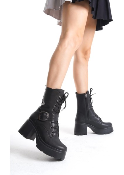 Mtxdpn Linma Siyah Cilt Bağcıklı Topuklu Bot (Numara: 38)