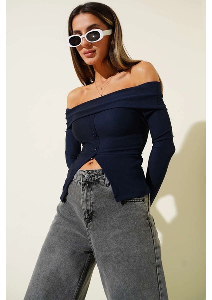 Mtxdpn Madonna Yaka Düğmeli Bluz Lacivert T4329 (Beden: Xl)