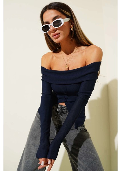 Mtxdpn Madonna Yaka Düğmeli Bluz Lacivert T4329 (Beden: Xl) modelleri