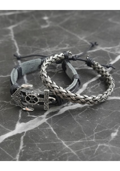 Denizci Çapa Figürlü 2'li El Yapımı Gerçek Deri Bileklikj modelleri