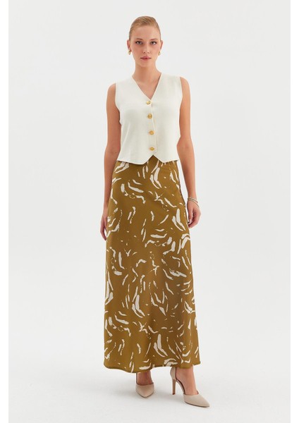 Taş Baskı Saten Maxi Etek
