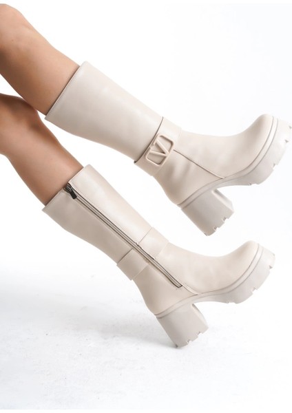 Mtxdpn Moki Bej Cilt Topuklu Çizme (Numara: 36)
