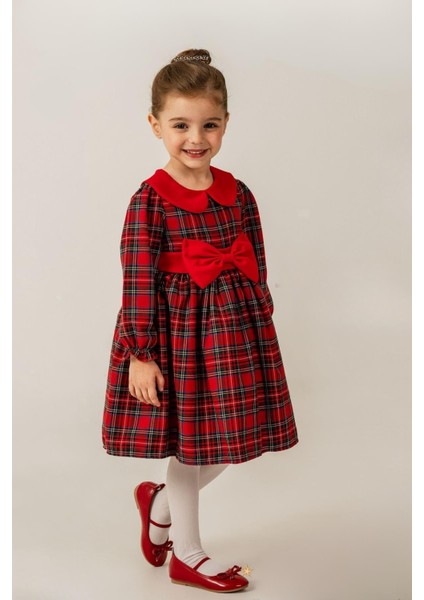 Kız Çocuk Yılbaşı Konsept Bebe Yaka Ekose Kırmızı Elbise
