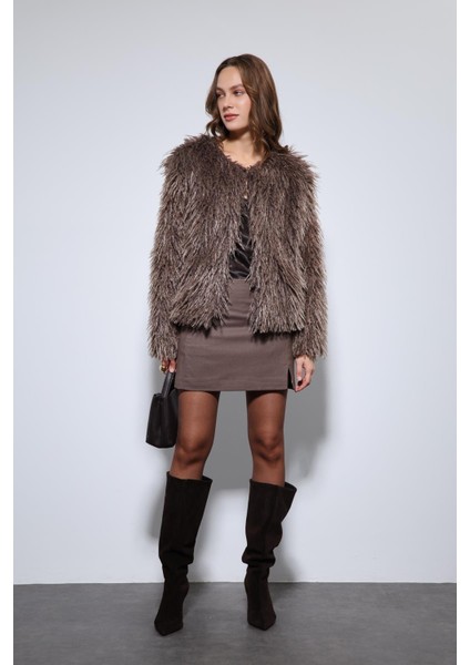 Kahve Suni Kürk Mont modelleri