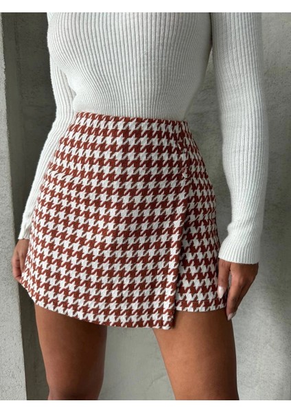 Mtxdpn Iki Düğmeli Kaz Ayağı Desen Ch Kumaş Şort Etek Bordobeyaz H26414 (Beden: Xl)