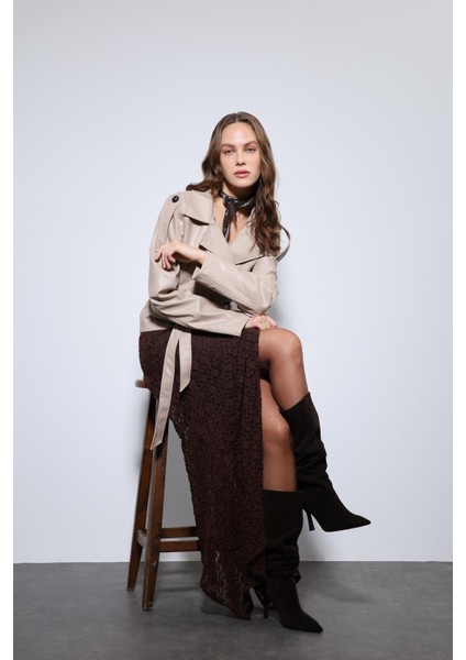 Bej Kemerli Suni Deri Mont