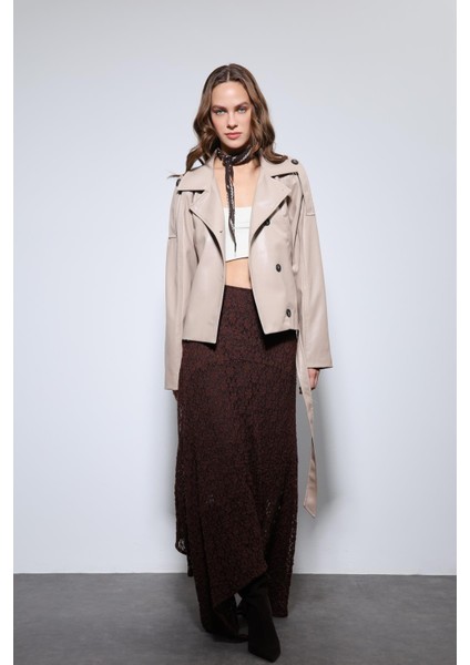 Bej Kemerli Suni Deri Mont