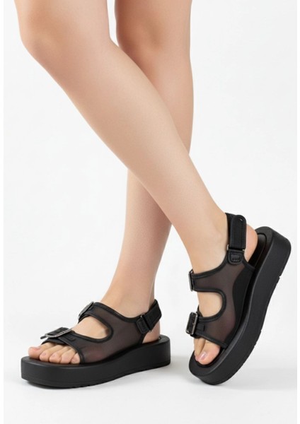 Mtxdpn Sinna Siyah Cilt Tül Detaylı Sandalet (Numara: 37)