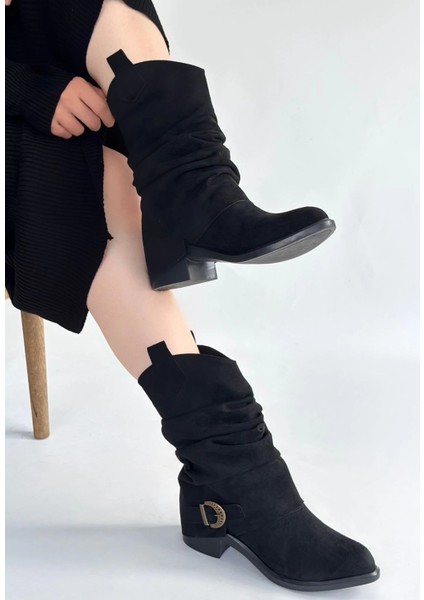 Mtxdpn Canty Siyah Süet Körüklü Topuklu Çizme (Numara: 40)