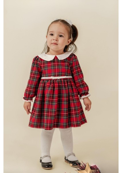 Kız Bebek Yılbaşı Konsept Kırmızı Ekose Elbise Garnili