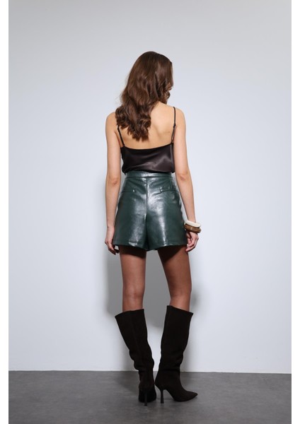 Yeşil Yüksek Bel Suni Deri Şort