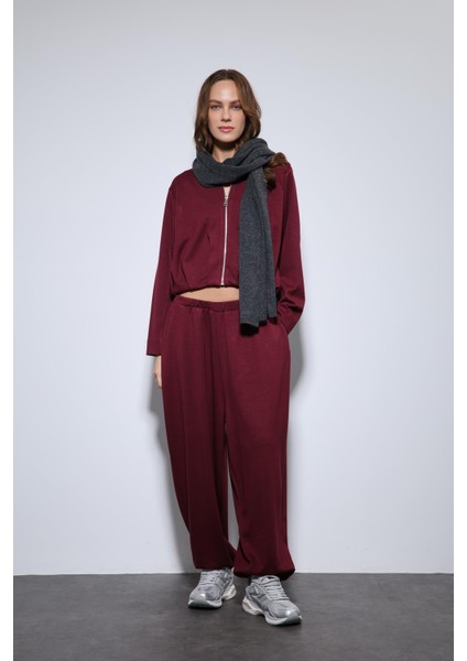 Bordo Volümlü Ceket ve Paça Lastikli Eşofman Takım