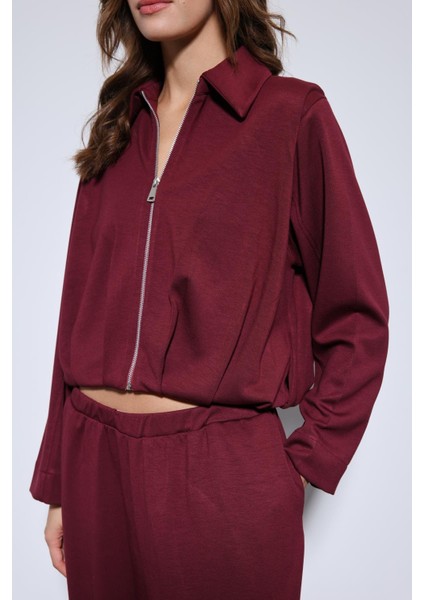 Bordo Volümlü Ceket ve Paça Lastikli Eşofman Takım