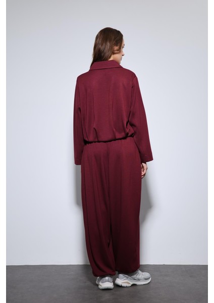 Bordo Volümlü Ceket ve Paça Lastikli Eşofman Takım