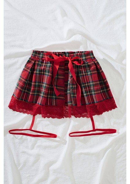 Pileli Dantelli Ekose Arkadan Bağlamalı Etek Jartiyer Detaylı fiyatları