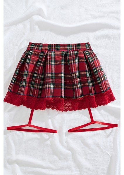 Pileli Dantelli Ekose Arkadan Bağlamalı Etek Jartiyer Detaylı modelleri