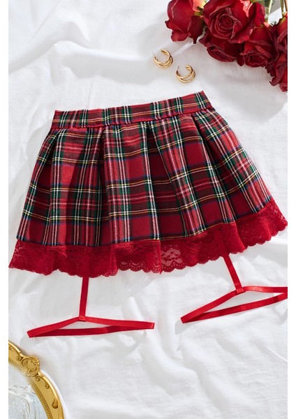 Pileli Dantelli Ekose Arkadan Bağlamalı Etek Jartiyer Detaylı fırsatları