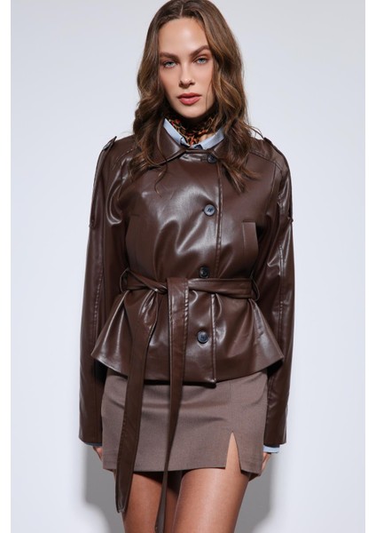 Kahve Kemerli Suni Deri Mont