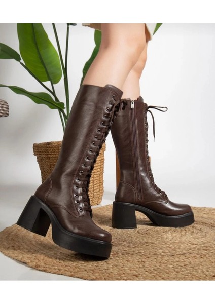 Mtxdpn Guay Kahverengi Cilt Bağcıklı Topuklu Çizme (Numara: 38)