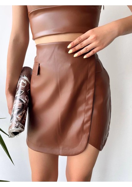 Mtxdpn Cep Detaylı Oval Kapaklı Deri Etek Kahve H240048 (Beden: S)