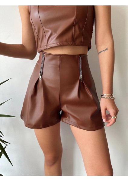 Mtxdpn Çift Fermuarlı Deri Şort Kahve H24394 (Beden: M)