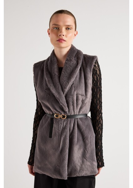 Kadın Antrasit Kemerli Astarlı Kürk Yelek 30094