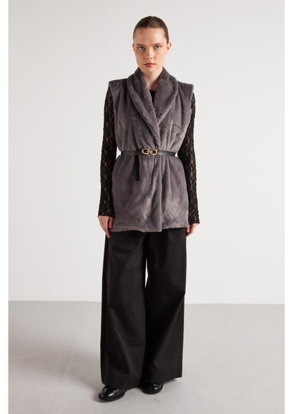 Kadın Antrasit Kemerli Astarlı Kürk Yelek 30094 fiyatları