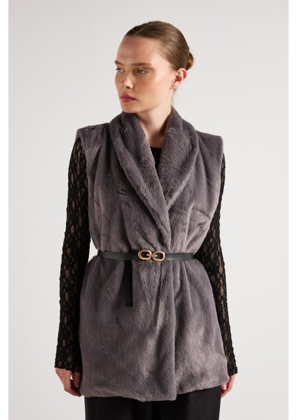 Kadın Antrasit Kemerli Astarlı Kürk Yelek 30094 modelleri