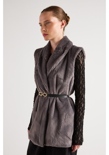 Kadın Antrasit Kemerli Astarlı Kürk Yelek 30094 fırsatları