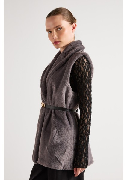 Kadın Antrasit Kemerli Astarlı Kürk Yelek 30094 indirimleri