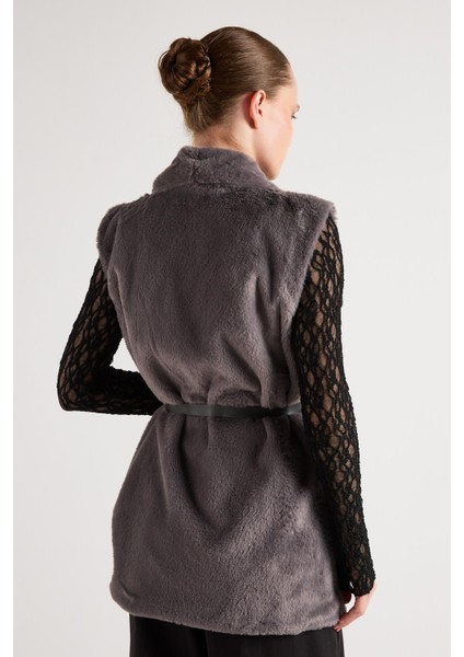 Kadın Antrasit Kemerli Astarlı Kürk Yelek 30094