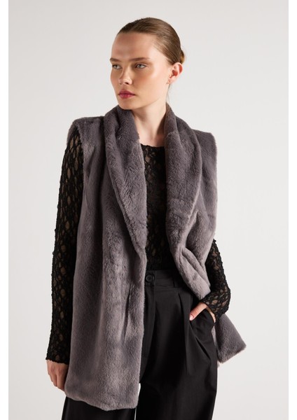 Kadın Antrasit Kemerli Astarlı Kürk Yelek 30094