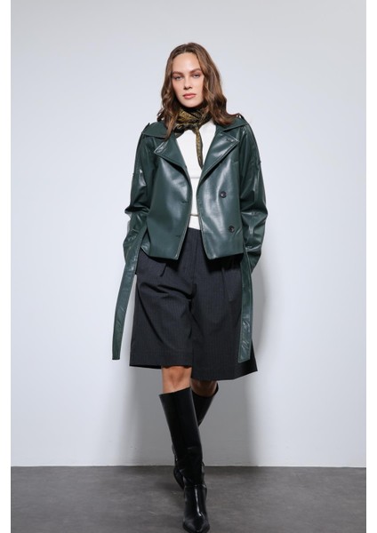 Yeşil Kemerli Suni Deri Mont
