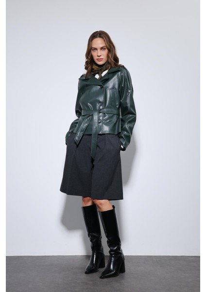 Yeşil Kemerli Suni Deri Mont fırsatları