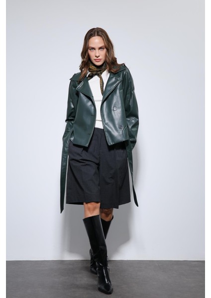 Yeşil Kemerli Suni Deri Mont