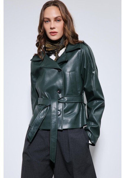 Yeşil Kemerli Suni Deri Mont
