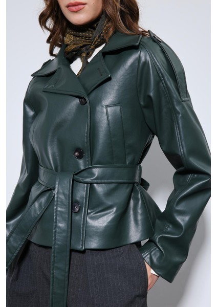 Yeşil Kemerli Suni Deri Mont