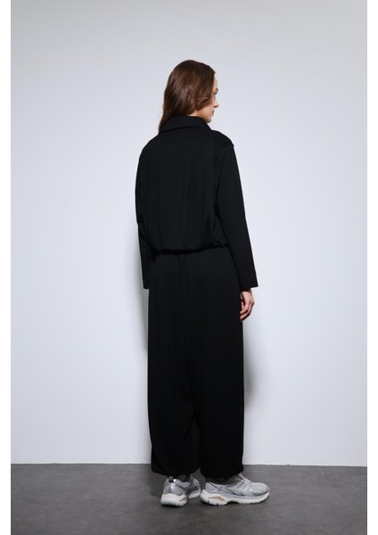 Siyah Volümlü Ceket ve Paça Lastikli Eşofman Takım
