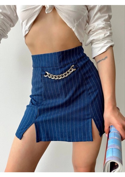 Mtxdpn Zincir Detaylı Çizgili Şort Etek Lacivert (Beden: S)