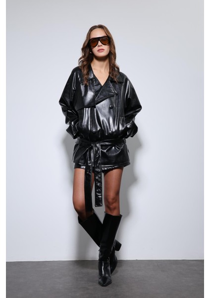 Siyah Suni Deri Kemerli Trençkot