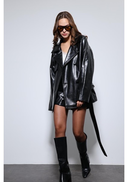 Siyah Suni Deri Kemerli Trençkot fiyatları