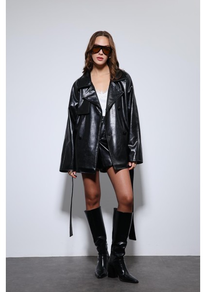 Siyah Suni Deri Kemerli Trençkot modelleri