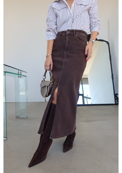 Önden Yırtmaçlı Yıkmalı Denim Etek modelleri