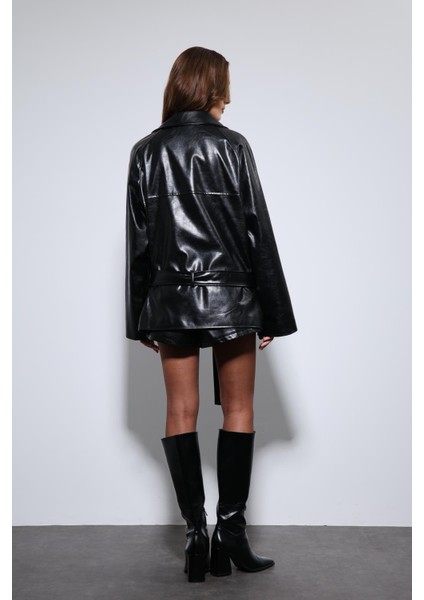 Siyah Suni Deri Kemerli Trençkot indirimleri